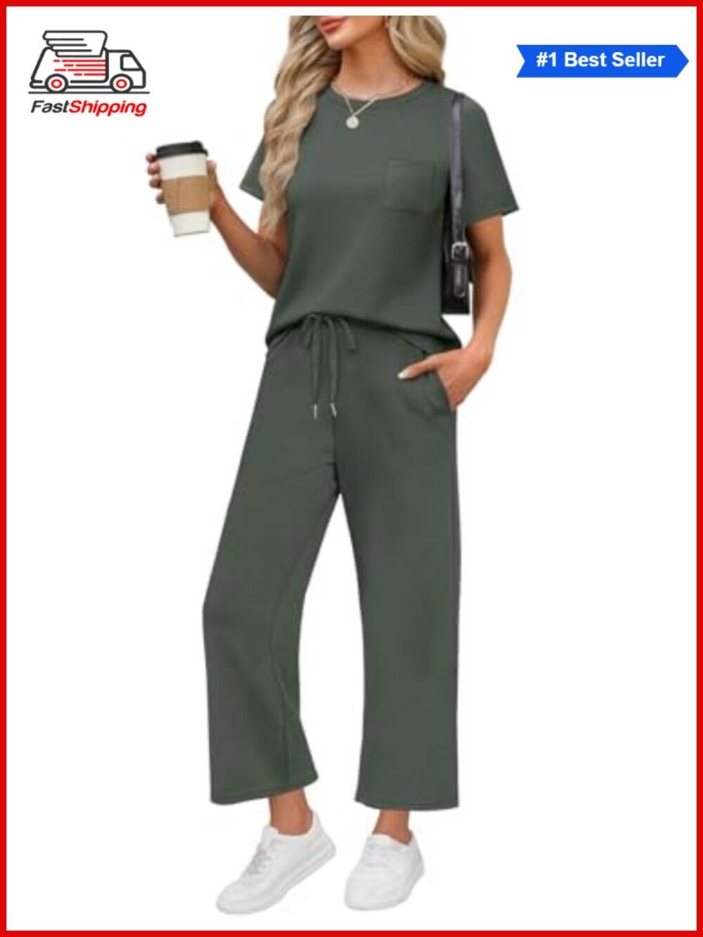 ✨ WIHOLL 2 Piece Set Women Short Sleeve Top Wide Leg Crop Pants Lounge Travel